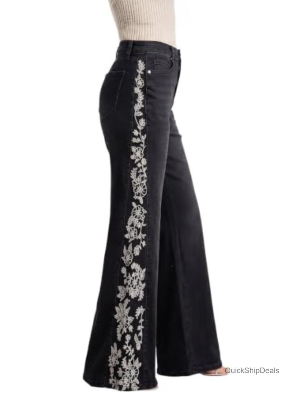 High Waist Embroidered Flare Jeans Stretch Denim Casual Pants